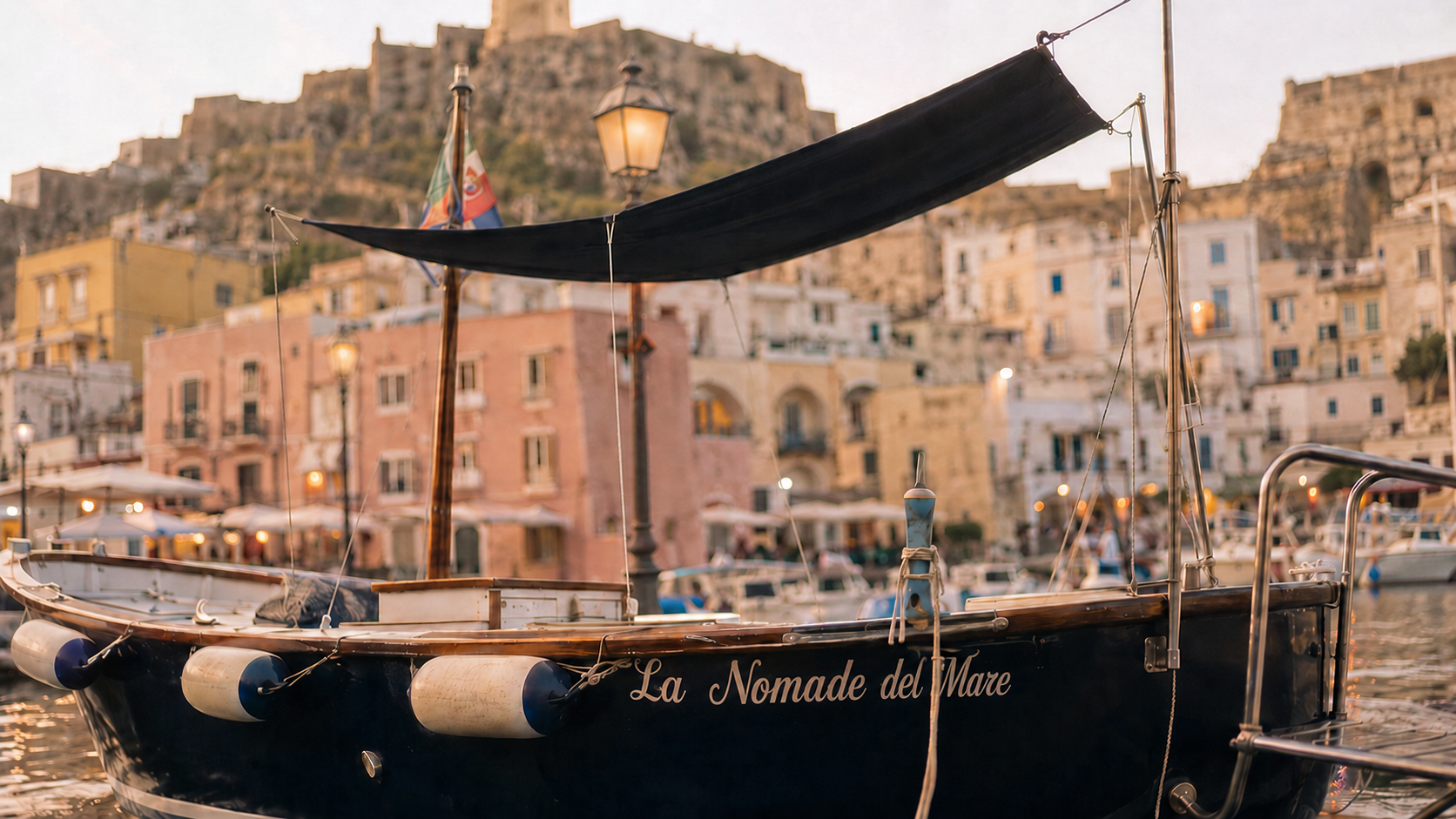 La Nomade del Mare nel porto di Ischia al tramonto