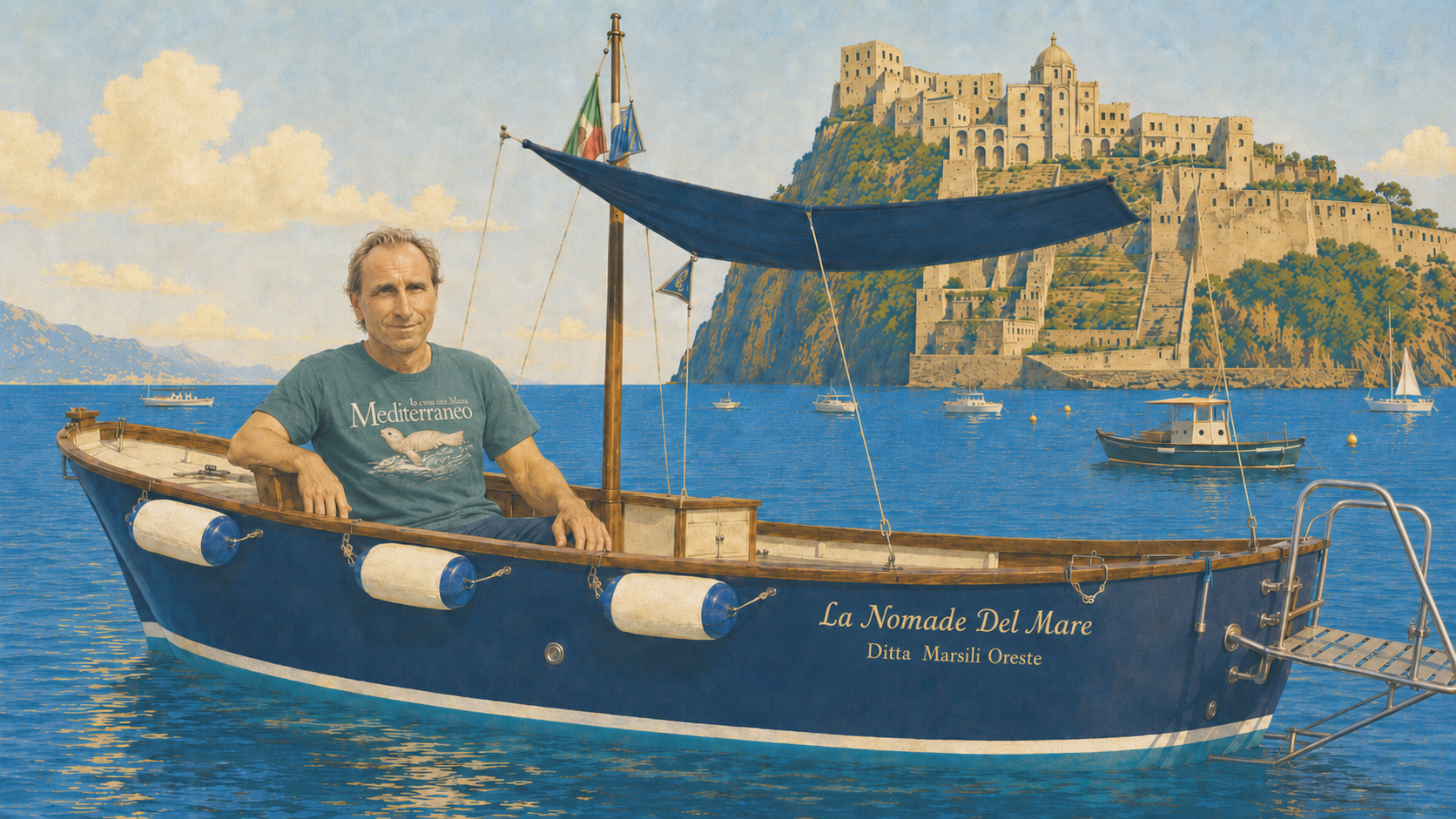 Oreste Marsili a bordo della Nomade del Mare davanti al Castello Aragonese